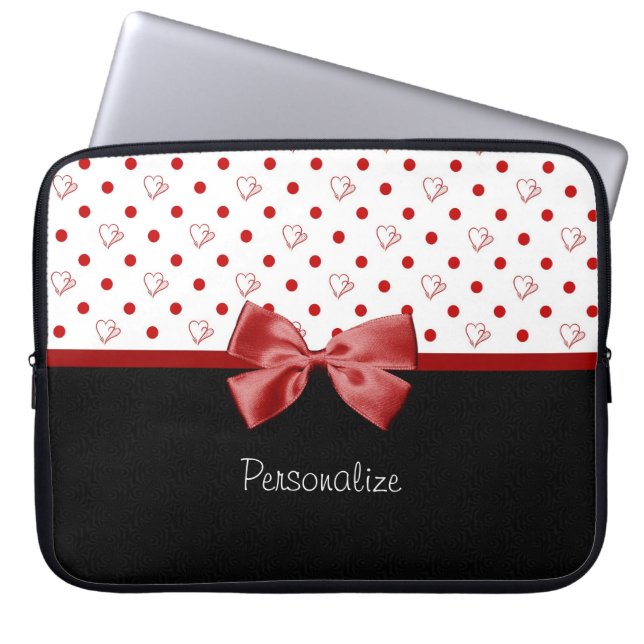 Girly Red and Black Polka Dot Hearts Bow With Name Laptop Sleeve (Front)
