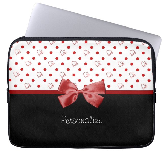 Girly Red and Black Polka Dot Hearts Bow With Name Laptop Sleeve (Front)