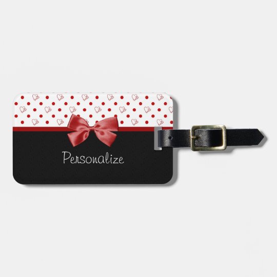 Girly Red and Black Polka Dot Hearts Bow With Name Luggage Tag