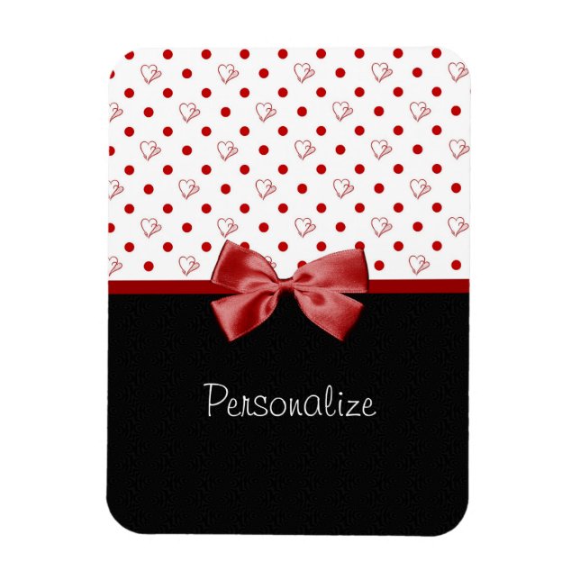 Girly Red and Black Polka Dot Hearts Bow With Name Magnet (Vertical)
