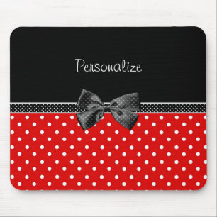Girly Red and Black Polka Dots With Bow and Name Mouse Pad