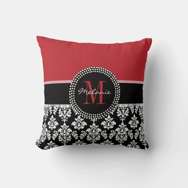 Girly Red Black Damask Your Monogram Name Pillow (Front)