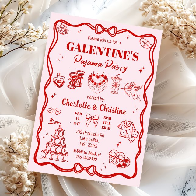 Girly Red Coquette Galentine's Pajama Party Invitation (Creator Uploaded)