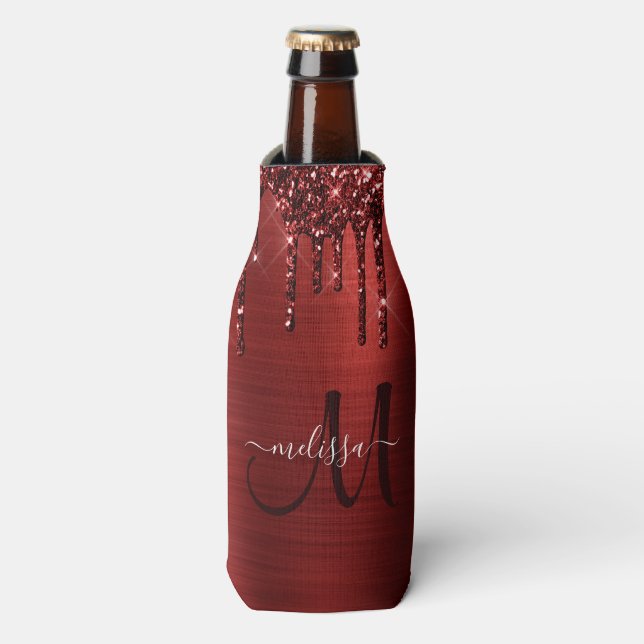 Girly Red Dripping Glitter Brush Metal Monogram Bottle Cooler (Bottle Front)