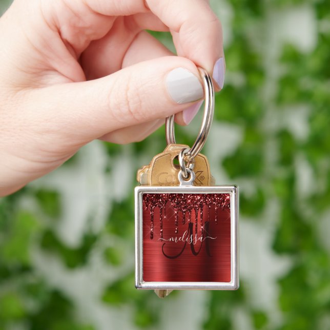 Girly Red Dripping Glitter Brush Metal Monogram Keychain (Hand)