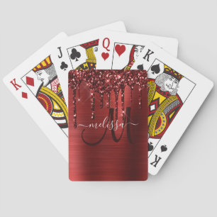 Girly Red Dripping Glitter Brush Metal Monogram Playing Cards