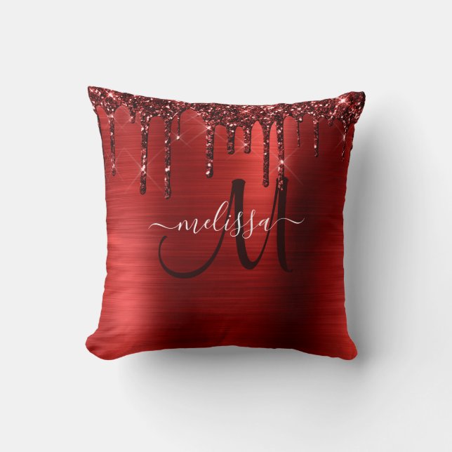 Girly Red Dripping Glitter Brush Metal Monogram Throw Pillow (Front)