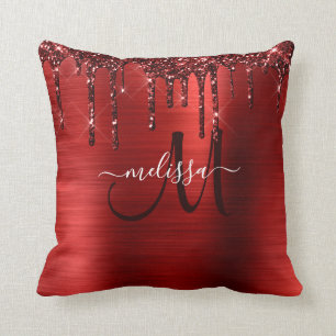 Girly Red Dripping Glitter Brush Metal Monogram Throw Pillow