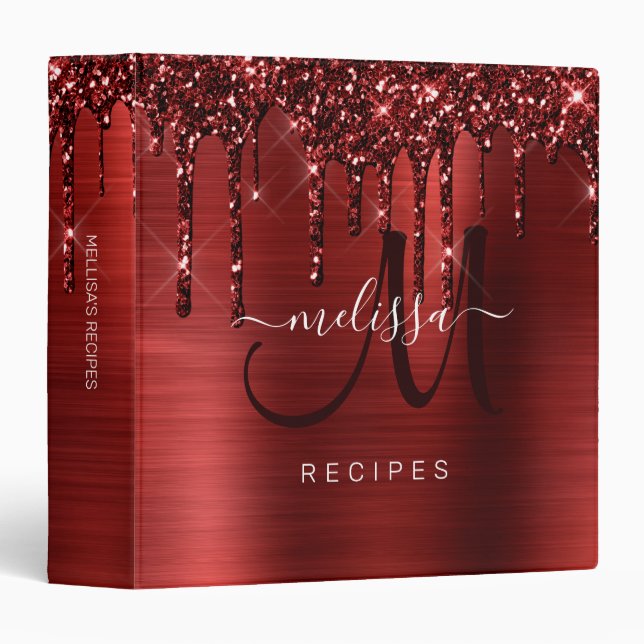 Girly Red Dripping Glitter Brush Metal Recipe Binder (Front/Spine)