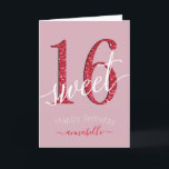 Girly Red Faux glitter Sweet 16 Birthday Card<br><div class="desc">Modern girly sweet sixteen birthday card features red number 16 and calligraphy script ''sweet'' on a damask rose color background. Personalize with a name and message inside.</div>