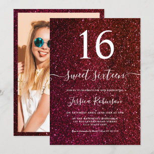 Girly red glitter script chic Sweet 16 Invitation