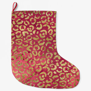 Girly Red Gold Glam Leopard Large Christmas Stocking