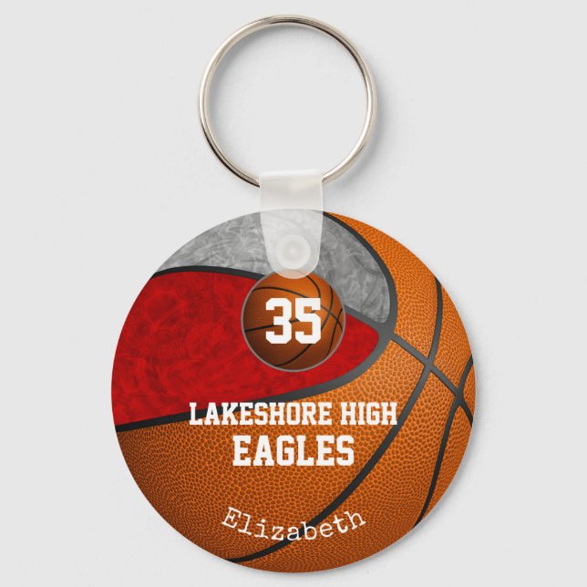 Girly red grey school team colours basketball keychain (Front)