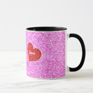GIRLY rED HEART PINK GLITTER Mug