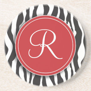 Girly Red Monogram Zebra Print Coaster