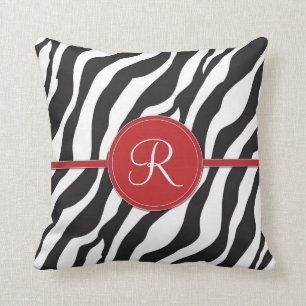 Girly Red Monogram Zebra Print Throw Pillow