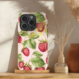 Girly Red, Pastel Pink and Gold Raspberry Fruit iPhone 15 Case