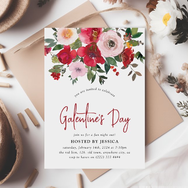 Girly Red & Pink Floral Galentine's  Invitation (Creator Uploaded)
