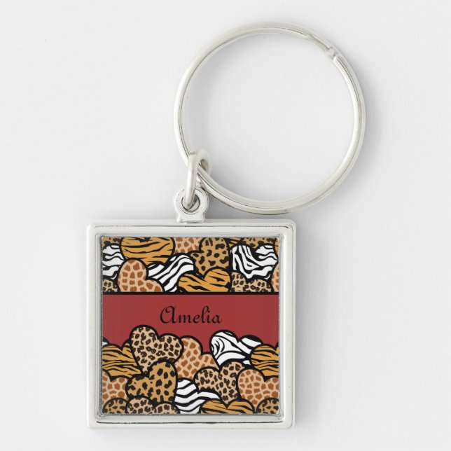 Girly Red Playful Animal Print Hearts Name  Keychain (Front)