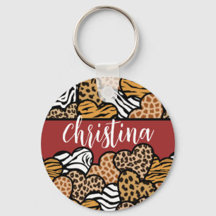 Girly Red Playful Animal Print Hearts Name  Keychain