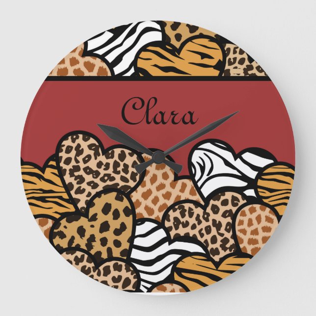 Girly Red Playful Animal Print Hearts Name  Large Clock (Front)