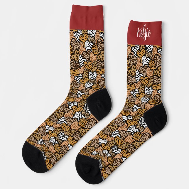 Girly Red Playful Animal Print Hearts Name  Socks (Left)