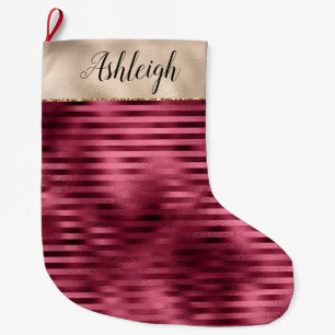 Girly Red Stripes Gold Glam Large Christmas Stocking