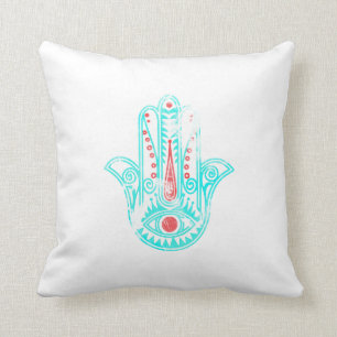 Girly red teal watercolor Hamsa Hand of Fatima Throw Pillow