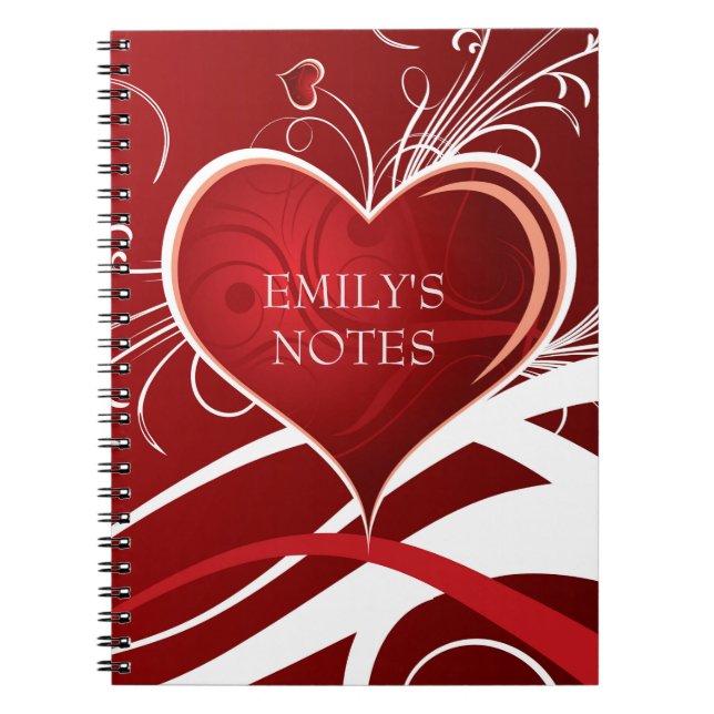 Girly Red & White Abstract Heart And Floral Swirls Notebook (Front)