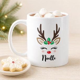 Girly Reindeer Face Holly Custom Name Coffee Mug