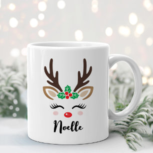 Girly Reindeer Face Personalized Name Christmas Coffee Mug