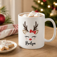 Girly Reindeer Face Red Bow Custom Name