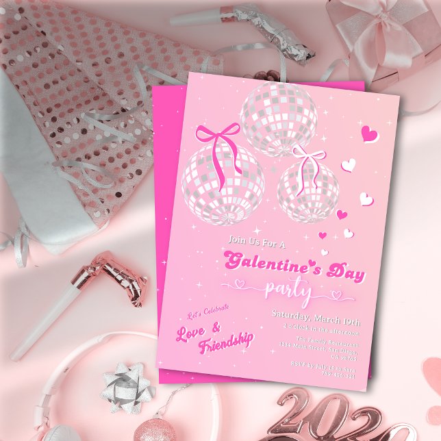Girly Retro Pink Silver Disco Ball Galentine's Day Invitation (Girly Retro Pink Silver Disco Ball Galentine's Day Invitation)