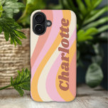 Girly Retro Vintage Wave Personalized Name iPhone 16 Plus Case<br><div class="desc">Girly Retro Vintage Wave Personalized Name iPhone 16 Plus Phone Cases features a retro wave in shades of pink, orange and white with your personalized name in elegant trendy modern script accented. Personalize by editing the text in the text box provided. Perfect for birthday, Christmas, Mother's Day, baby showers, bridal...</div>