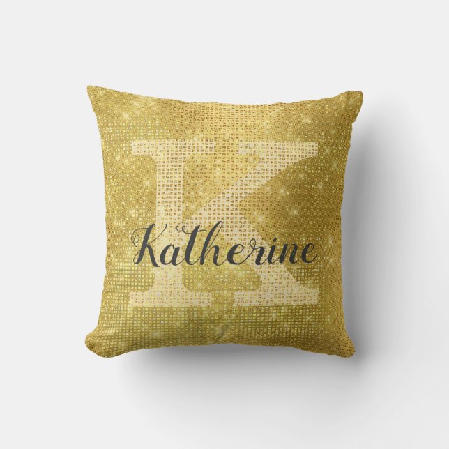 Girly Rich Gold Glitter Glam Sparkle Monogram Name Throw Pillow (Front)