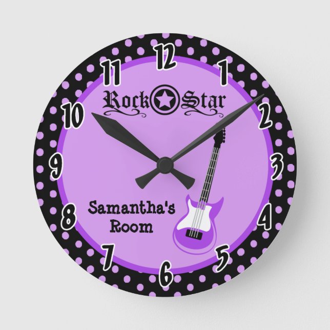Girly Rock Star Purple Guitar Personalized Clock (Front)