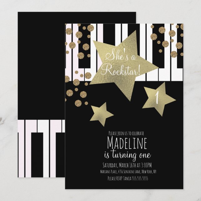 Girly Rockstar Guitar Faux Gold Star Piano Invitation (Front/Back)