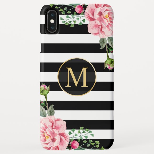 Girly Romantic Floral Black White Stripes Monogram Case-Mate iPhone Case (Back)