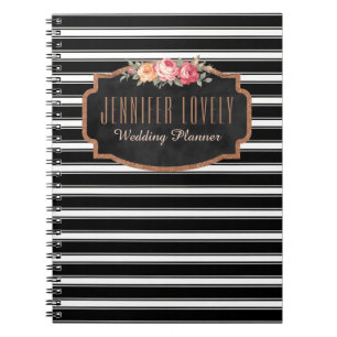 Girly Rose Gold B&W Stripes   Your Name Monogram Notebook