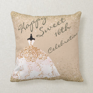 Girly Rose Gold Big Ball Gown Sweet 16th Birthday Throw Pillow