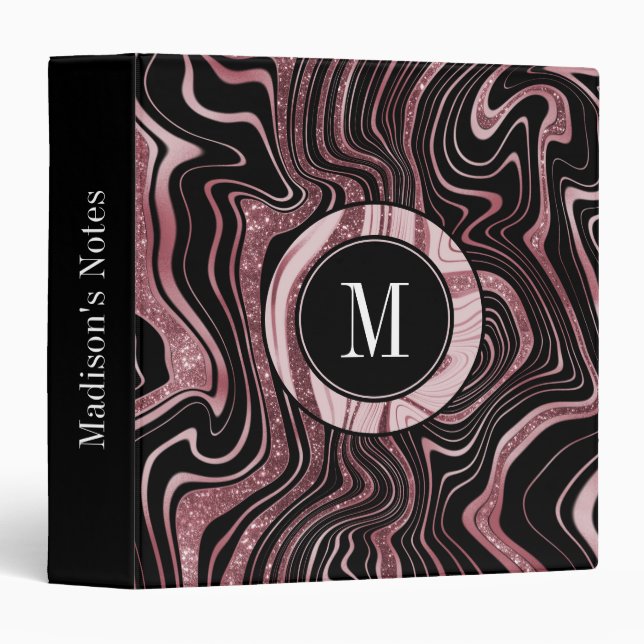 Girly Rose Gold Black Marble Glitter Glam Monogram Binder (Front/Spine)
