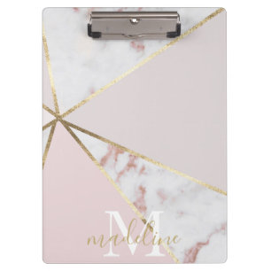 Girly Rose Gold Blush Geometric Monogram Clipboard