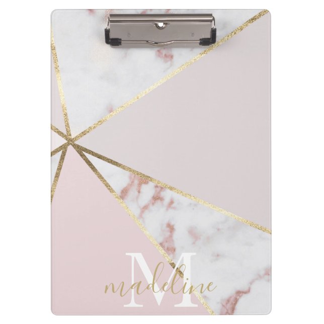 Girly Rose Gold Blush Geometric Monogram Clipboard (Front)
