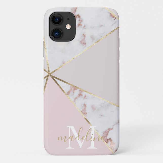 Girly Rose Gold Blush Geometric Monogram iPhone 11 Case-Mate iPhone Case (Back)