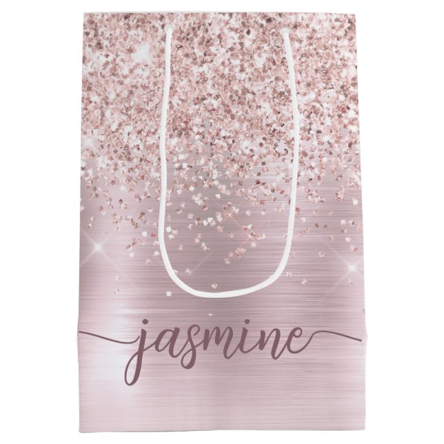 Girly Rose Gold Blush Glitter Monogram Name Script Medium Gift Bag (Back)