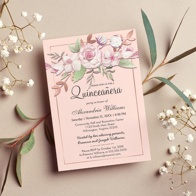 Girly Rose Gold Blush Pink Floral Quinceañera Invitation (Girly Rose Gold Blush Pink Floral Quinceañera)