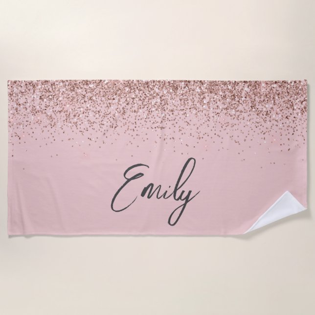Girly Rose Gold Blush Pink Glitter Monogram Beach Towel (Front)