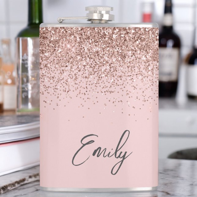 Girly Rose Gold Blush Pink Glitter Monogram Hip Flask (Creator Uploaded)