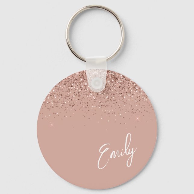 Girly Rose Gold Blush Pink Glitter Monogram Keycha Keychain (Front)