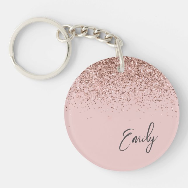 Girly Rose Gold Blush Pink Glitter Monogram Keychain (Front)